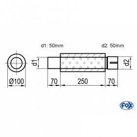 Silencieux universels type 314 en inox / Ø100mm / d1 Ø50mm / longueur 250mm