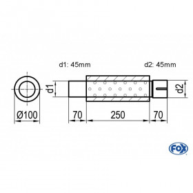 Silencieux universels type 314 en inox / Ø100mm / d1 Ø45mm / longueur 250mm