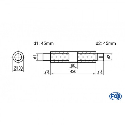 Silencieux universel type 314 en inox / Ø100mm / d1 Ø45mm / longueur 420mm