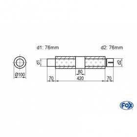Silencieux universel type 314 en inox / Ø100mm / d1 Ø76mm / longueur 420mm