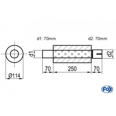 Silencieux universel type 355 en inox / Ø114mm / d1 Ø70mm / longueur 250mm