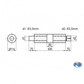Silencieux universel type 355 en inox / Ø114mm / d1 Ø63.5mm / longueur 420mm