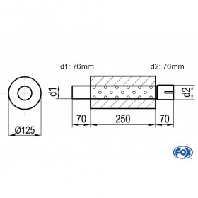 Silencieux universel type 390 en inox / Ø125mm / d1 Ø76mm / longueur 250mm