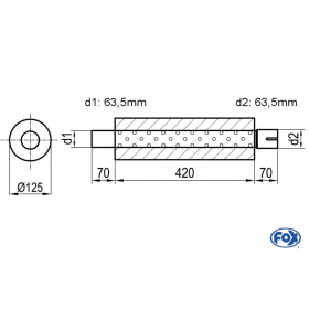 Silencieux universel type 390 en inox / Ø125mm / d1 Ø63mm / longueur 420mm