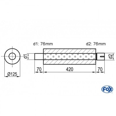 Silencieux universel type 390 en inox / Ø125mm / d1 Ø76mm / longueur 420mm