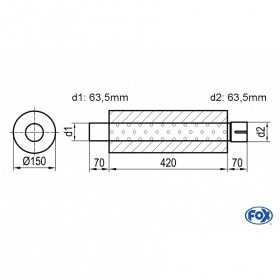 Silencieux universel type 466 en inox / Ø150mm / d1 Ø63.5mm / longueur 420mm