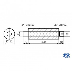 Silencieux universel type 466 en inox / Ø150mm / d1 Ø70mm / longueur 420mm
