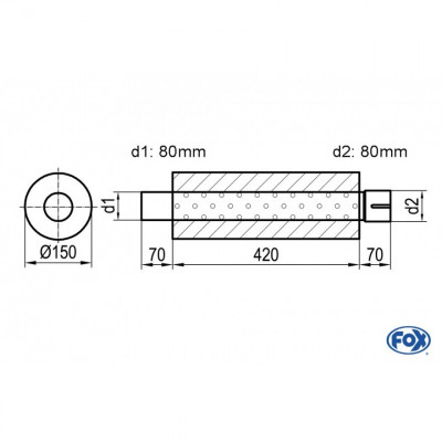 Silencieux universel type 466 en inox / Ø150mm / d1 Ø80mm / longueur 420mm