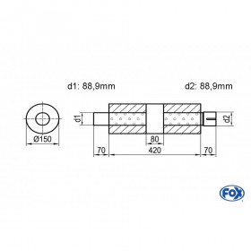Silencieux universel type 466 en inox / Ø150mm / d1 Ø88.9mm / longueur 420mm