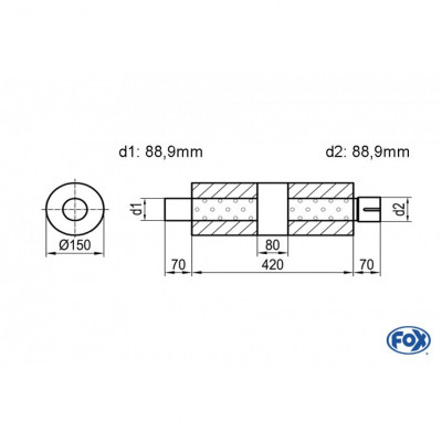 Silencieux universel type 466 en inox / Ø150mm / d1 Ø88.9mm / longueur 420mm