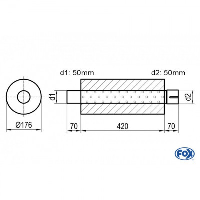 Silencieux universel type 556 en inox / Ø176mm / d1 Ø50mm / longueur 420mm
