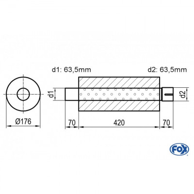 Silencieux universel type 556 en inox / Ø176mm / d1 Ø63.5mm / longueur 420mm