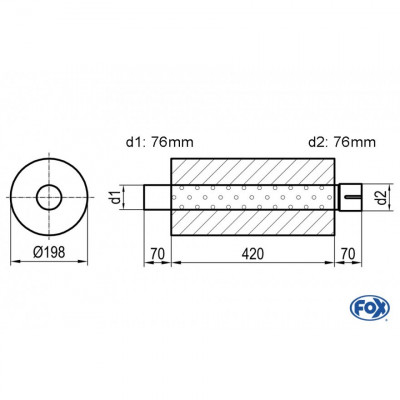Silencieux universel type 626 en inox / Ø198mm / d1 Ø76mm / longueur 420mm