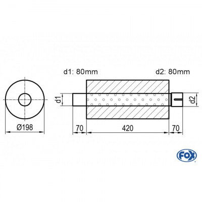 Silencieux universel type 626 en inox / Ø198mm / d1 Ø80mm / longueur 420mm