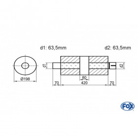 Silencieux universel type 626 en inox / Ø198mm / d1 Ø63.5mm / longueur 420mm