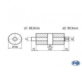 Silencieux universel type 626 en inox / Ø198mm / d1 Ø88.9mm / longueur 420mm