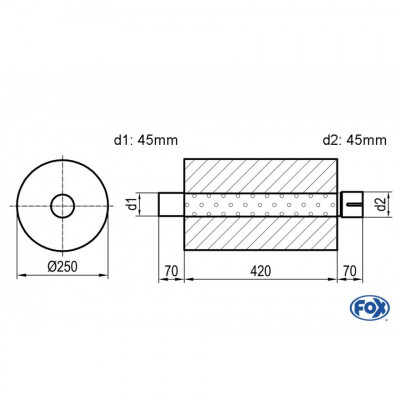 Silencieux universel type 784 en inox / Ø250mm / d1 Ø45mm / longueur 420mm
