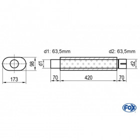 Silencieux universel type 450 en inox / 173x98mm / d1 Ø63.5mm / longueur 420mm