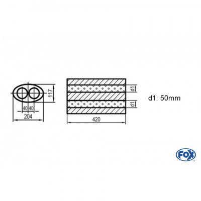 Silencieux universel type 525 en inox / 204x117mm / d1 Ø50mm / longueur 420mm