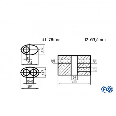 Silencieux universel type 525 en inox / 204x117mm / d1 Ø76mm / longueur 420mm