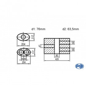 Silencieux universel type 525 en inox / 204x117mm / d1 Ø76mm / longueur 420mm