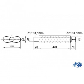 Silencieux universel type 558 en inox / 235x97mm / d1 Ø63.5mm / longueur 420mm