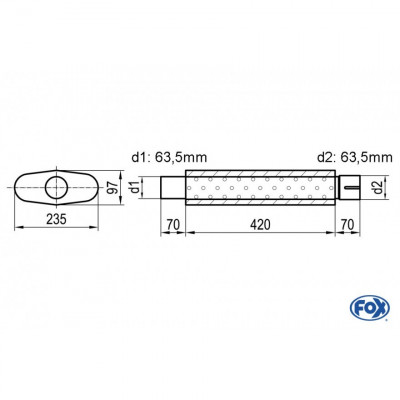 Silencieux universel type 558 en inox / 235x97mm / d1 Ø63.5mm / longueur 420mm