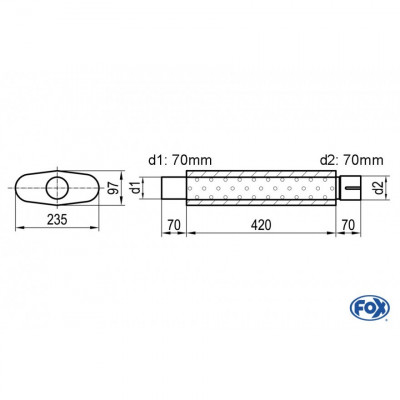 Silencieux universel type 558 en inox / 235x97mm / d1 Ø70mm / longueur 420mm