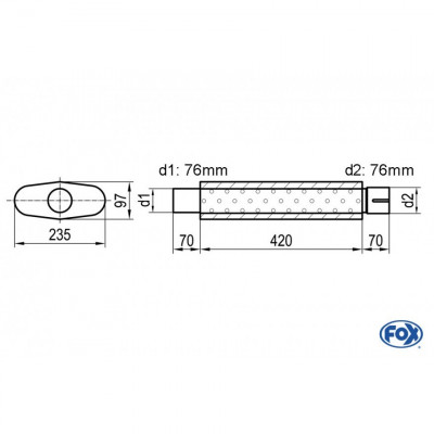 Silencieux universel type 558 en inox / 235x97mm / d1 Ø76mm / longueur 420mm