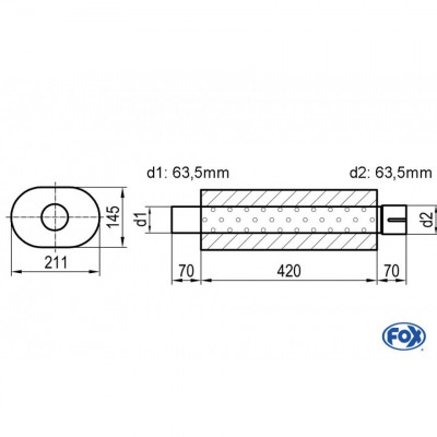 Silencieux universel type 585 en inox / 211x145mm / d1 Ø63.5mm / longueur 420mm