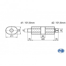 Silencieux universel type 585 en inox / 211x145mm / d1 Ø101.6mm / longueur 420mm