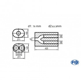 Silencieux universel type 585 en inox / 211x145mm / d1 Ø76mm / longueur 420mm