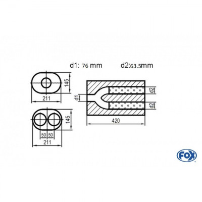 Silencieux universel type 585 en inox / 211x145mm / d1 Ø76mm / longueur 420mm