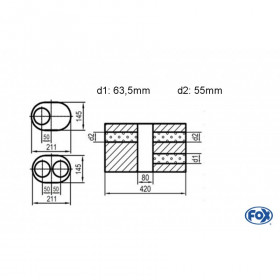Silencieux universel type 585 en inox / 211x145mm / d1 Ø63.5mm / longueur 420mm