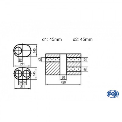 Silencieux universel type 585 en inox / 211x145mm / d1 Ø45mm / longueur 420mm