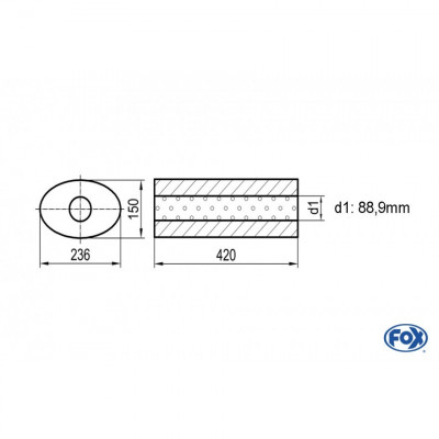 Silencieux universel type 618 en inox / 236x150mm / d1 Ø88.9mm / longueur 420mm