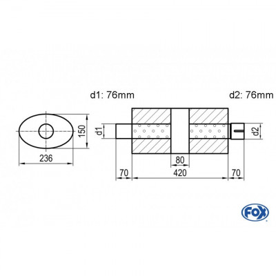Silencieux universel type 618 en inox / 236x150mm / d1 Ø76mm / longueur 420mm