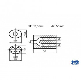 Silencieux universel type 618 en inox / 236x150mm / d1 Ø63.5mm / longueur 420mm