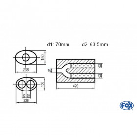 Silencieux universel type 618 en inox / 236x150mm / d1 Ø70mm / longueur 420mm