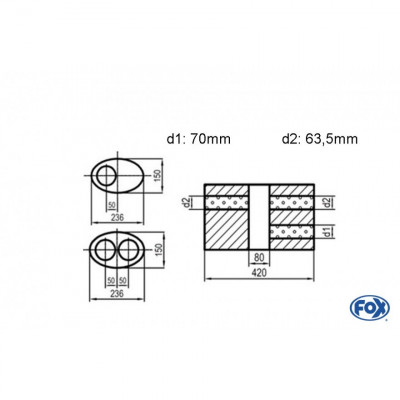 Silencieux universel type 618 en inox / 236x150mm / d1 Ø70mm / longueur 420mm