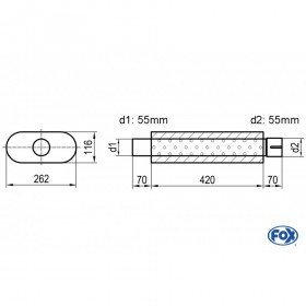 Silencieux universel type 650 en inox / 262x116mm / d1 Ø55mm/ d2 Ø55mm / longueur 420mm