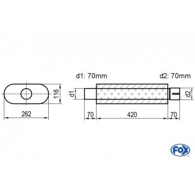 Silencieux universel type 650 en inox / 262x116mm / d1 Ø70mm/ d2 Ø70mm / longueur 420mm