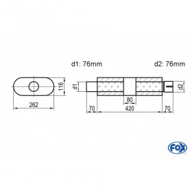 Silencieux universel type 650 en inox / 262x116mm / d1 Ø76mm/ d2 Ø76mm/ longueur 420mm