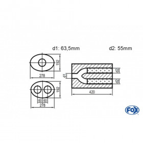 Silencieux universel type 754 en inox / 278x192mm / d1 Ø63.5mm/ d2 Ø55mm/ longueur 420mm