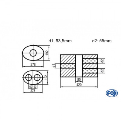 Silencieux universel type 754 en inox / 278x192mm / d1 Ø63.5mm/ d2 Ø55mm/ longueur 420mm
