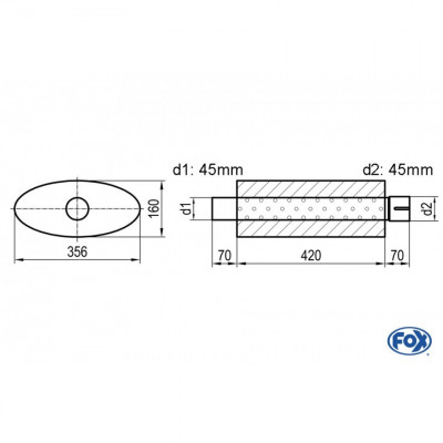 Silencieux universel type 818 en inox / 356x160mm / d1 Ø45mm/ d2 Ø45mm/ longueur 420mm