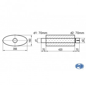 Silencieux universel type 818 en inox / 356x160mm / d1 Ø70mm/ d2 Ø70mm/ longueur 420mm