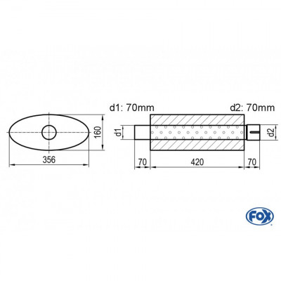 Silencieux universel type 818 en inox / 356x160mm / d1 Ø70mm/ d2 Ø70mm/ longueur 420mm