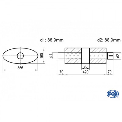 Silencieux universel type 818 en inox / 356x160mm / d1 Ø88.9mm/ d2 Ø88.9mm/ longueur 420mm