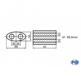 Silencieux universel type 818 en inox / 356x160mm / d1 Ø88.9mm/ longueur 420mm
